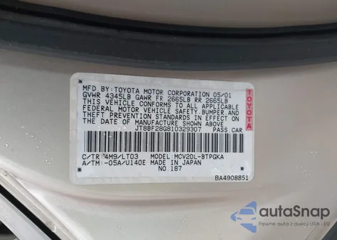 2001 Lexus Es 300 из США, поврежденный, VIN JT8BF28G810329307